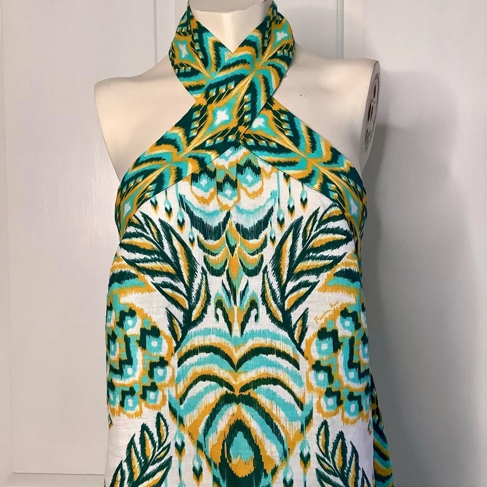 FARM RIO Blue/Greens & Cream Beads Tropical Tapestry Linen Halter Maxi Sundress - Picture 2 of 16